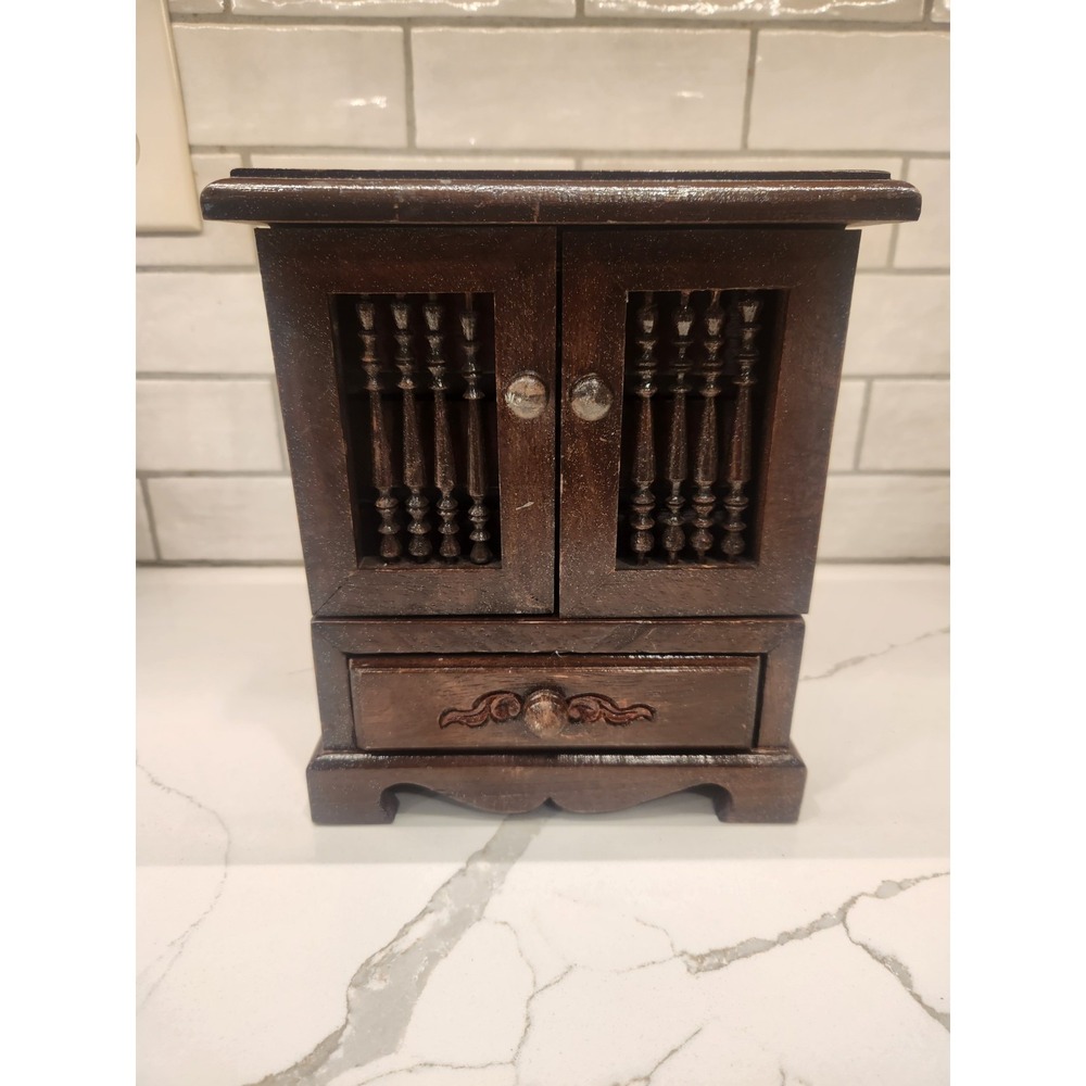 Vintage Wooden Jewelry Cabinet with Magnetic Doors & Multiple Felt Lined Drawers